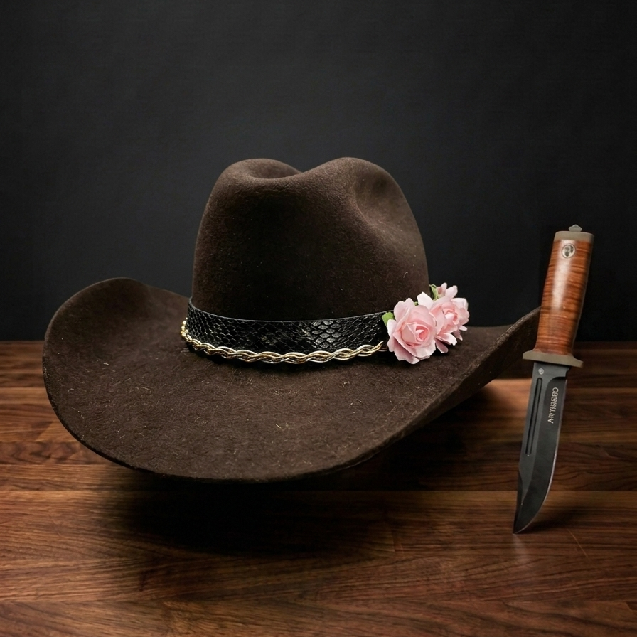 The Wild Rose — dark brown felt western hat with snake leather band and pink flowers, AntiHero Hats Benelux.