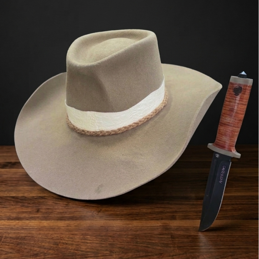 The Whiskey Gambler — sand felt western hat with white snake leather band and braided cord, AntiHero Hats Benelux