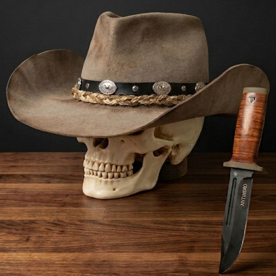 The Smokey Bandit,  sand felt western hat with silver conchos on skull display, AntiHero Hats Benelux