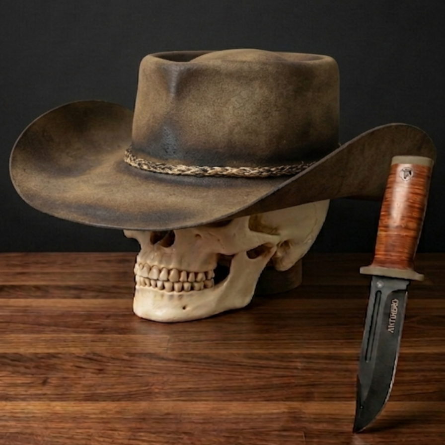 The Frontiersman — dark weathered felt western hat on skull display, AntiHero Hats Belgium