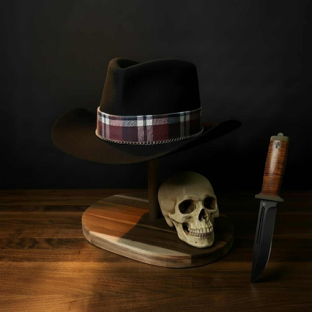 Zwarte handgemaakte fedora hoed met tartan band en ketting detai, The Reverend, AntiHero Hats Dress collectie