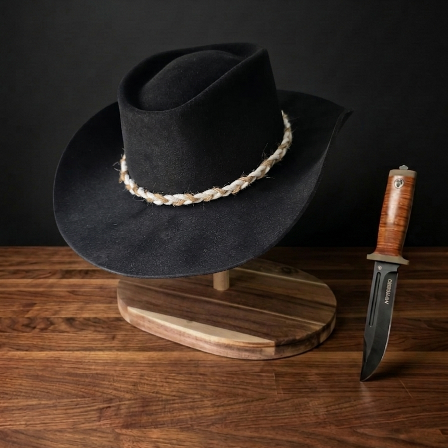 The Pretty Cowgirl — black felt western hat with white braided band, AntiHero Hats Benelux
