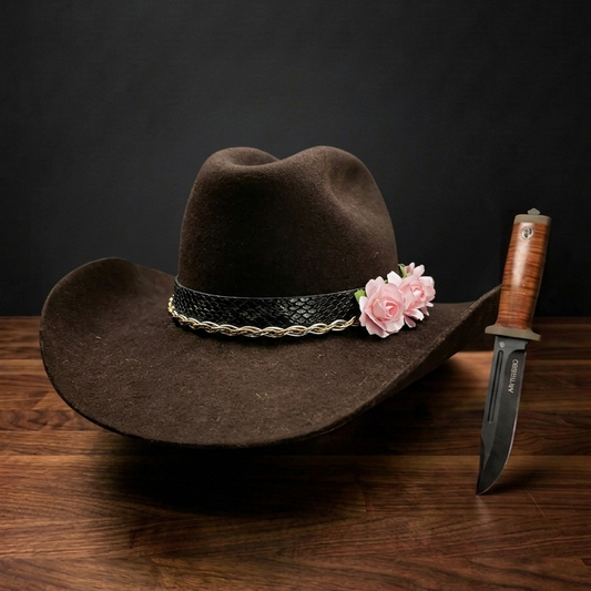 The Wild Rose — dark brown felt western hat with snake leather band and pink flowers, AntiHero Hats Benelux.