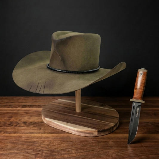 The Wild Hunter — handcrafted dark felt western hat on wooden display stand, AntiHero Hats Benelux