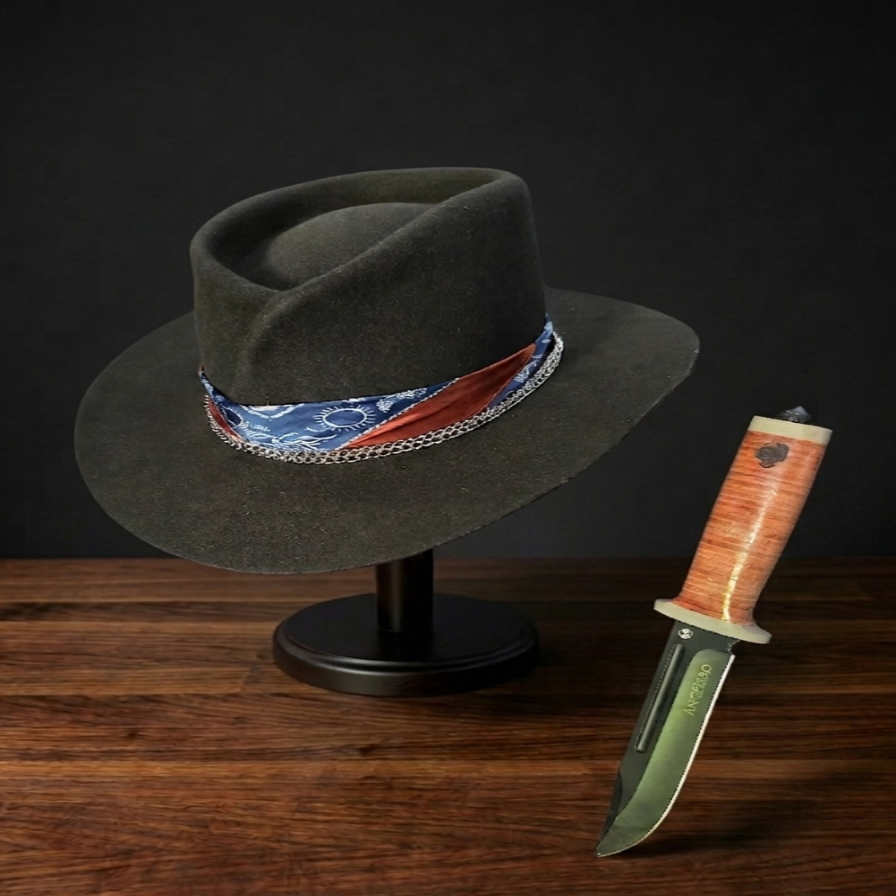 The Rolling Gentleman — dark felt AntiHero fedora with bandana and gold chain crown, AntiHero Hats Belgium